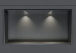 Niche murale douche acier inox + 2 Spots LED, étagère douche encastrable - 30x60x10cm (HxLxP) - Gun métal, 2x Spot noir mat