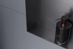 Niche murale douche acier inox + Spot LED, étagère douche encastrable NT303010X - 30x30x10cm (HxLxP) - Gun métal, 1x Spot noir mat