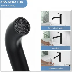 Noir Mitigeur de Lavabo Robinet Salle de Bain Haut Robinet pour Vasque Bec Pivotant en Inox SS304 pour Salle de Bain