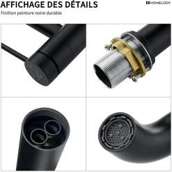 Noir Mitigeur de Lavabo Robinet Salle de Bain Haut Robinet pour Vasque Bec Pivotant en Inox SS304 pour Salle de Bain