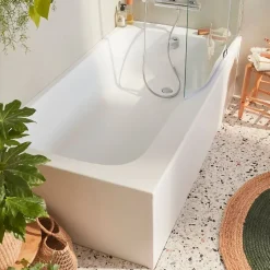 Pack baignoire bain douche 160 x 85 JACOB DELAFON Malice version droite blanc mat + tablier en angle + pare bain + étagère