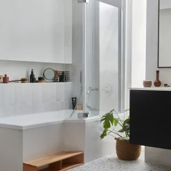 Pack baignoire bain douche 170 x 90 JACOB DELAFON Neo version droite + pare bain chromé + tablier de baignoire en angle