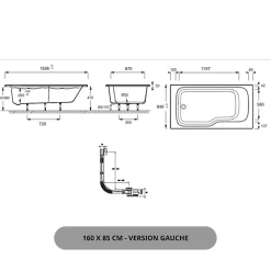 Pack baignoire bain douche 160 x 85 JACOB DELAFON Malice version gauche + tablier en niche + pare bain