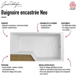 Pack baignoire bain douche 180 x 90 JACOB DELAFON Neo version droite + pare bain chromé + tablier de baignoire en angle