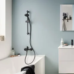 Pack baignoire droite 170 x 75 JACOB DELAFON Elise + tablier niche + pommeau et mitigeur bain noir mat Aimé + vidage