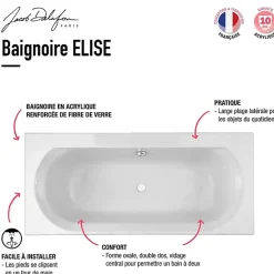 Pack baignoire droite 180 x 80 JACOB DELAFON Elise + mitigeur bain douche chromé + vidage