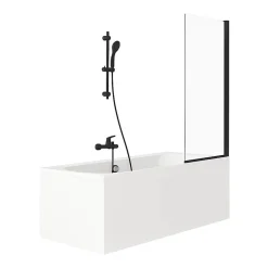 Pack baignoire droite 180 x 80 JACOB DELAFON Elise + pack pommeau et mitigeur bain douche noir mat + pare bain noir mat + vidage