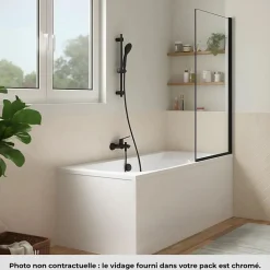 Pack baignoire droite 180 x 80 JACOB DELAFON Elise + pack pommeau et mitigeur bain douche noir mat + pare bain noir mat + vidage