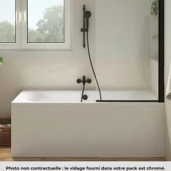 Pack baignoire droite 180 x 80 JACOB DELAFON Elise + pack pommeau et mitigeur bain douche noir mat + pare bain noir mat + vidage