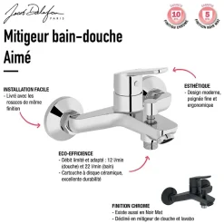 Pack baignoire droite 180 x 80 JACOB DELAFON Elise + pack pommeau et mitigeur bain douche noir mat + pare bain noir mat + vidage