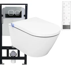 Pack Bâti-support + Toilettes Japonais céramique, WC lavant + télécommande - 38,4x59,3x38cm - PRO+ 1102 - Plaque 4111 noir mat