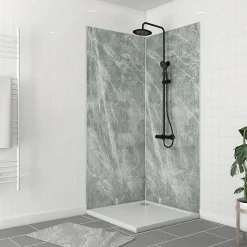 Pack de 2 panneaux muraux de salle de bains, vert effet pierre avec profilés chromés, l.90+90 x H.210 x P.0,3 cm, Galedo Homestone