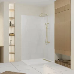 Pack de 2 panneaux muraux de salle de bains, blanc effet pierre avec profilés dorés, l.120+90 x H.210 x P.0,3 cm, Galedo Homestone
