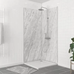 Pack de 2 panneaux muraux de salle de bains, gris effet marbre avec profilés chromés, l.90+90 x H.210 x P.0,3 cm, Galedo Homestone