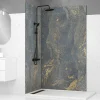 Pack de 2 panneaux muraux de salle de bains, gris et doré effet marbre avec profilés noirs, l.120+90 x H.210 x P.0,3 cm, Galedo Homestone