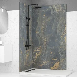 Pack de 2 panneaux muraux de salle de bains, gris et doré effet marbre avec profilés noirs, l.120+90 x H.210 x P.0,3 cm, Galedo Homestone