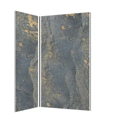 Pack de 2 panneaux muraux de salle de bains, gris et doré effet marbre avec profilés noirs, l.120+90 x H.210 x P.0,3 cm, Galedo Homestone