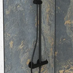 Pack de 2 panneaux muraux de salle de bains, gris et doré effet marbre avec profilés noirs, l.120+90 x H.210 x P.0,3 cm, Galedo Homestone