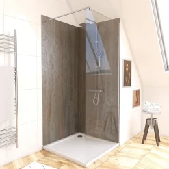 Pack de 2 panneaux muraux de salle de bains, marron effet pierre avec profilés chromés, l.90+90 x H.210 x P.0,3 cm, Galedo Homestone