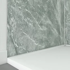 Pack de 2 panneaux muraux de salle de bains, vert effet pierre avec profilés chromés, l.120+90 x H.210 x P.0,3 cm, Galedo Homestone