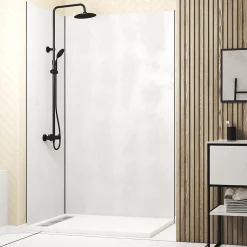 Pack de 2 panneaux muraux de salle de bains, blanc effet pierre avec profilés noirs, l.120+90 x H.210 x P.0,3 cm, Galedo Homestone