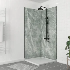 Pack de 2 panneaux muraux de salle de bains, vert effet pierre avec profilés noirs, l.90+90 x H.210 x P.0,3 cm, Galedo Homestone