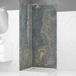 Pack de 2 panneaux muraux de salle de bains, gris et doré effet marbre avec profilés chromés, l.90+90 x H.210 x P.0,3 cm, Galedo Homestone