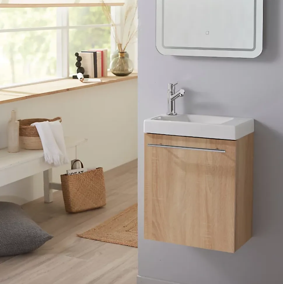 Pack lave-mains Décor chêne oak - Robinetterie Eau froide à gauche - L.42.5 X H.52.5 cm - Hamac 2