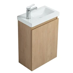 Pack Meuble Lave-main prémonté bois-Vasque blanche-Robinet chromé- Crochet chromé - bain-bain