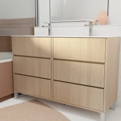 Pack Meuble Salle de Bains 120 cm Chêne Clair, 6 tiroirs avec Vasque Céramique - XENOS