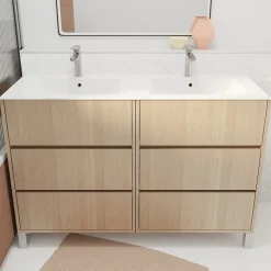 Pack Meuble Salle de Bains 120 cm Chêne Clair, 6 tiroirs avec Vasque Céramique - XENOS