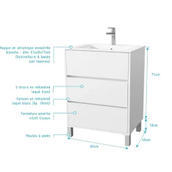 Pack Meuble Salle de Bains 60 cm Laqué Blanc, 3 tiroirs avec Vasque Céramique - XENOS