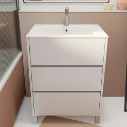 Pack Meuble Salle de Bains 60 cm Laqué Blanc, 3 tiroirs avec Vasque Céramique - XENOS
