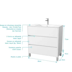 Pack Meuble Salle de Bains 80 cm Laqué Blanc, 3 tiroirs avec Vasque Céramique - XENOS