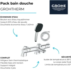 Pack mitigeur bain douche thermostatique GROHE Grohtherm 800 + douchette carré 2 jets + flexible