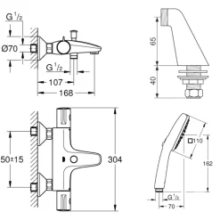 Pack mitigeur bain douche thermostatique GROHE Grohtherm 800 + douchette carré 2 jets + flexible