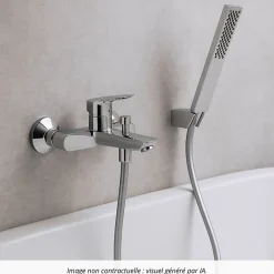 Pack mitigeur bain douche mécanique HANSGROHE Logis + Flexible Designflex + Pommeau HANSGROHE Pulsify E 100 EcoSmart chromé