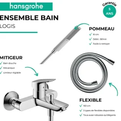 Pack mitigeur bain douche mécanique HANSGROHE Logis + Flexible Designflex + Pommeau HANSGROHE Pulsify E 100 EcoSmart chromé