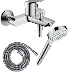 Pack mitigeur bain douche mécanique HANSGROHE Logis + Flexible Metaflex + Pommeau Vernis Blend 100 EcoSmart 1jet chromé