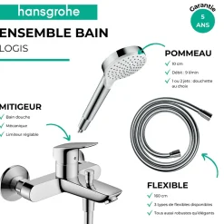 Pack mitigeur bain douche mécanique HANSGROHE Logis + Flexible Metaflex + Pommeau Vernis Blend 100 EcoSmart 1jet chromé