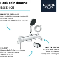 Pack mitigeur bain douche mécanique GROHE Essence + douchette carré 2 jets + flexible