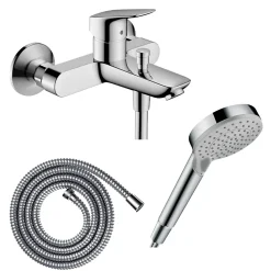 Pack mitigeur bain douche mécanique HANSGROHE Logis + Flexible Metaflex + Pommeau Vernis Blend 100 EcoSmart 2jets chromé