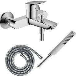 Pack mitigeur bain douche mécanique HANSGROHE Logis + Flexible Metaflex + Pommeau HANSGROHE Pulsify E 100 EcoSmart chromé