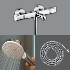 Pack mitigeur bain thermostatique HANSGROHE Ecostat Comfort + Flexible Metaflex 1,6m + Pommeau Vernis Blend EcoSmart chromé