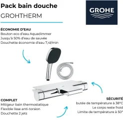Pack mitigeur bain thermostatique GROHE Grohtherm 2000 + Douchette 2 jets Vitalio Comfort 110 + Flexible