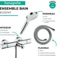 Pack mitigeur bain thermostatique HANSGROHE Ecostat Comfort + Flexible Metaflex 1,6m + Pommeau Vernis Blend EcoSmart 2 jets chromé