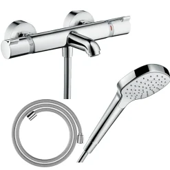 Pack mitigeur bain thermostatique HANSGROHE Ecostat Comfort + Flexible Designflex 1,6m + Pommeau Croma Select E EcoSmart chromé