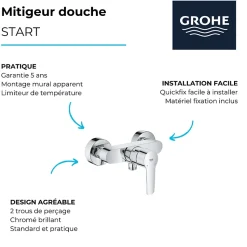 Pack mitigeur de douche Grohe Start 2021 avec ensemble de douche 2 jets GROHE chromé