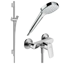 Pack mitigeur douche mécanique HANSGROHE Logis + Barre Unica S Puro + flexible + Pommeau Croma Select E blanc/chromé