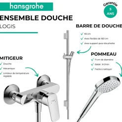 Pack mitigeur douche mécanique HANSGROHE Logis + Barre Unica S Puro + flexible + Pommeau Croma Select E blanc/chromé